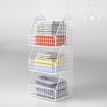 PUPPYCUTE Stackable Wire Storage Baskets for Kitchen Closet Pantry, Hanging Closet Organizers Storage Shelves Organization, Wall Mount Metal Basket Bins, Clothing Vegetable & Fruit Organizer 3 pcs