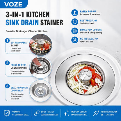 Kitchen Sink Drain Strainer & Stopper with Basket, Stainless Steel Drain Plug Cover Catcher for Food Waste - Sink Accessories for Home or Kitchen Sink Shroom Fit US Standard 3-1/2'' Drain Hole