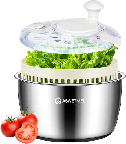 Stainless Steel Salad Spinner Large 5.3QT, ASWETMEL Stainless Salad Spinner with Non-Slip Base Lettuce Spinner, Salad Dryer Spinner for Vegetables & Fruits, Vegetable Washer, Beige