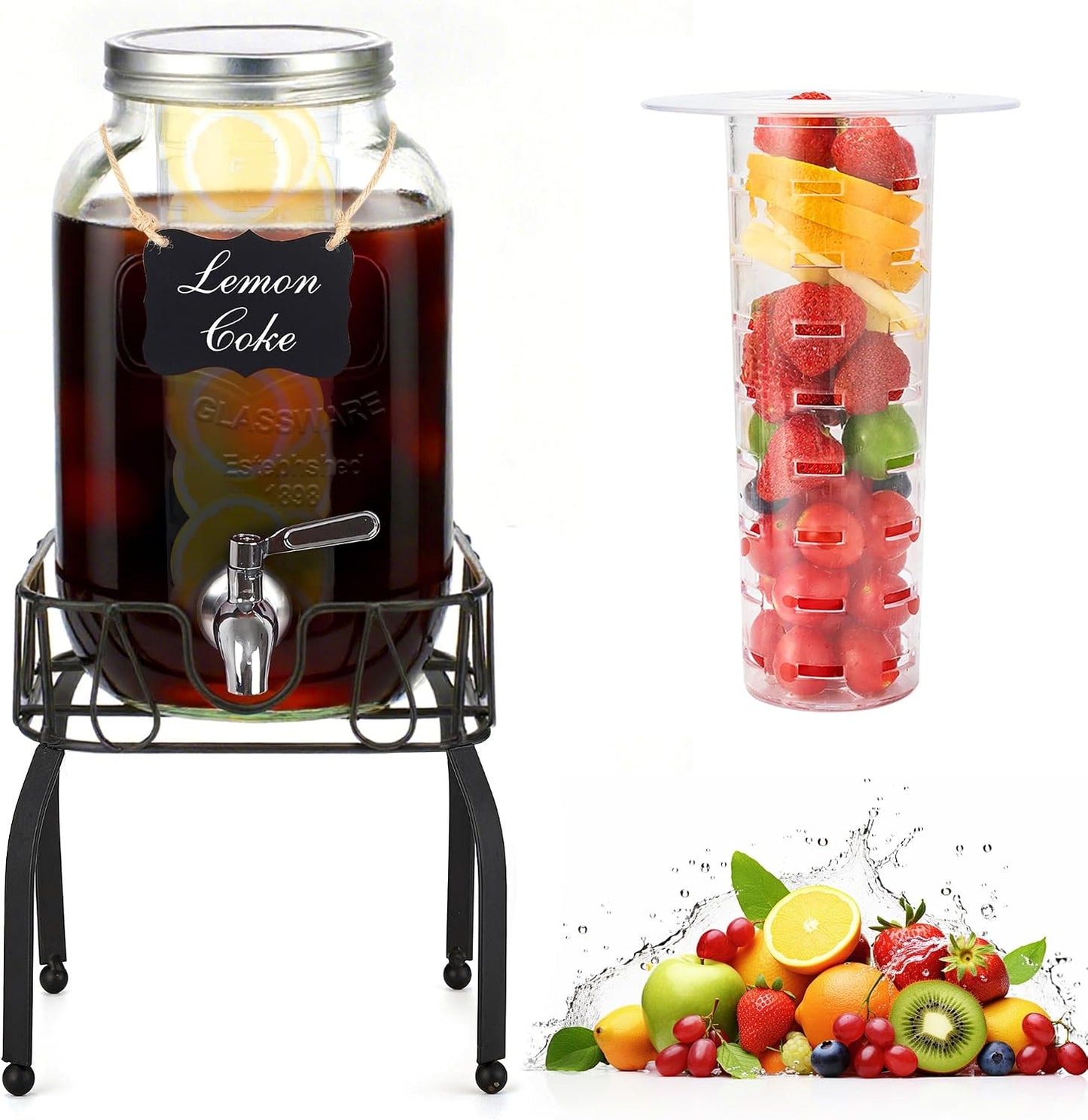 1 Gallon Glass Drink Dispensers for Parties, 2PACK Beverage Dispenser with Stand, Ice Cylinder and Stainless Steel Spigot 100% Leakproof, Beverage Dispenser for Lemonade Sun Tea