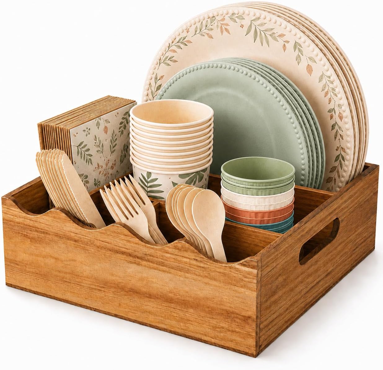 Utensil Holder & Silverware Organizer, Acacia Wood Kitchen Utensil Caddy for Countertop, 6 Compartment Paper Plate Holders & Dispenser, Wooden Cutlery Holder with Handle for Party, Natural Acacia
