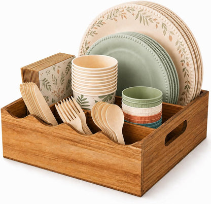 Utensil Holder & Silverware Organizer, Acacia Wood Kitchen Utensil Caddy for Countertop, 6 Compartment Paper Plate Holders & Dispenser, Wooden Cutlery Holder with Handle for Party, Natural Acacia