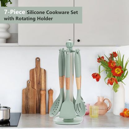 Cooking Kitchen Utensils Set, 7PCS Silicone Cooking Utensil Set with Rotating Holder, Heat Resistant Kitchen Essentials, Kitchen Gadgets for Cookware (Green)