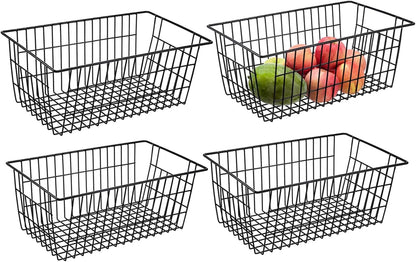 Redrubbit Wire Storage Baskets, Large Farmhouse Metal Freezer Basket Storage Organizer Bins with Handles for Kitchen Cabinets, Pantry, Closets, Bedrooms, Bathrooms, Set of 6, White