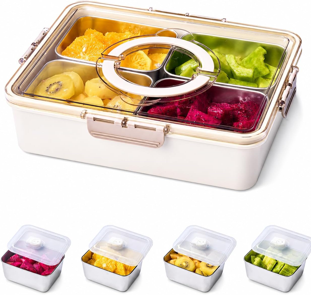 Snackle Box Container, 4 PCS Stainless Steel Divided Serving Snack Tray,Serving Tray with Lid and Handle, Portable Snack Tray for Beach, Road Trip, Picnic, Boat Days, Ball Games