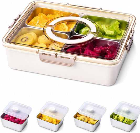 Snackle Box Container, 4 PCS Stainless Steel Divided Serving Snack Tray,Serving Tray with Lid and Handle, Portable Snack Tray for Beach, Road Trip, Picnic, Boat Days, Ball Games