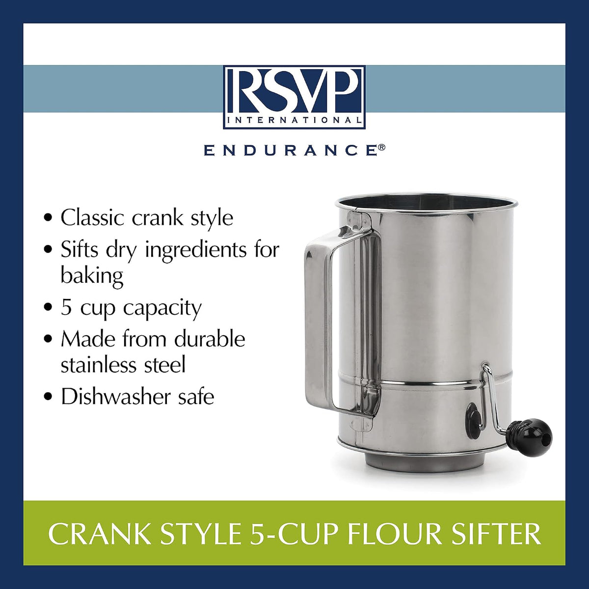 RSVP International Endurance® Stainless Steel Vintage One-Hand Sifter, 1 Cup | Top Cakes, Sift Flour, Marinade BBQ & More | Dishwasher Safe | Powder Sugar, Sift Flour, Spread Toppings & More
