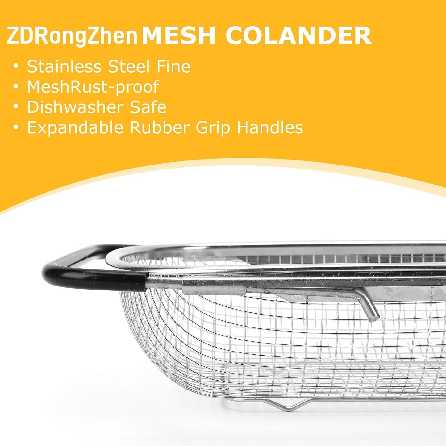 ZDRongZhen Kitchen Accessories Over the Sink Colander Strainer Basket，Stainless Steel Colander with Expandable Rubber Grip Sink Drainer-Rinse Vegetables Fruits &Strain&Drain (Large-Fine mesh)