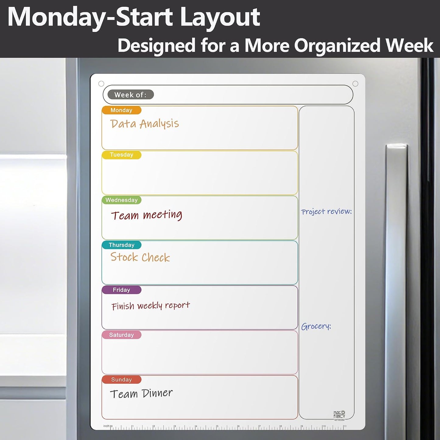 Magnetic Weekly Calendar for Fridge (Monday Start), Vertical Dry Erase Planner with Large Writing Space & Side Notes – Includes 6 Markers, Reusable Whiteboard for Busy Schedules