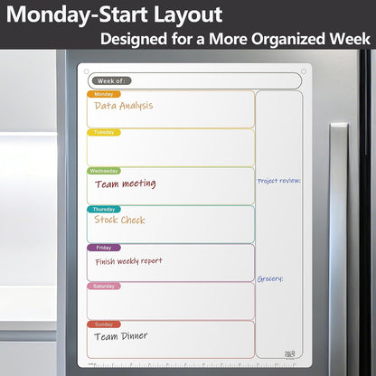 Magnetic Weekly Calendar for Fridge (Monday Start), Vertical Dry Erase Planner with Large Writing Space & Side Notes – Includes 6 Markers, Reusable Whiteboard for Busy Schedules