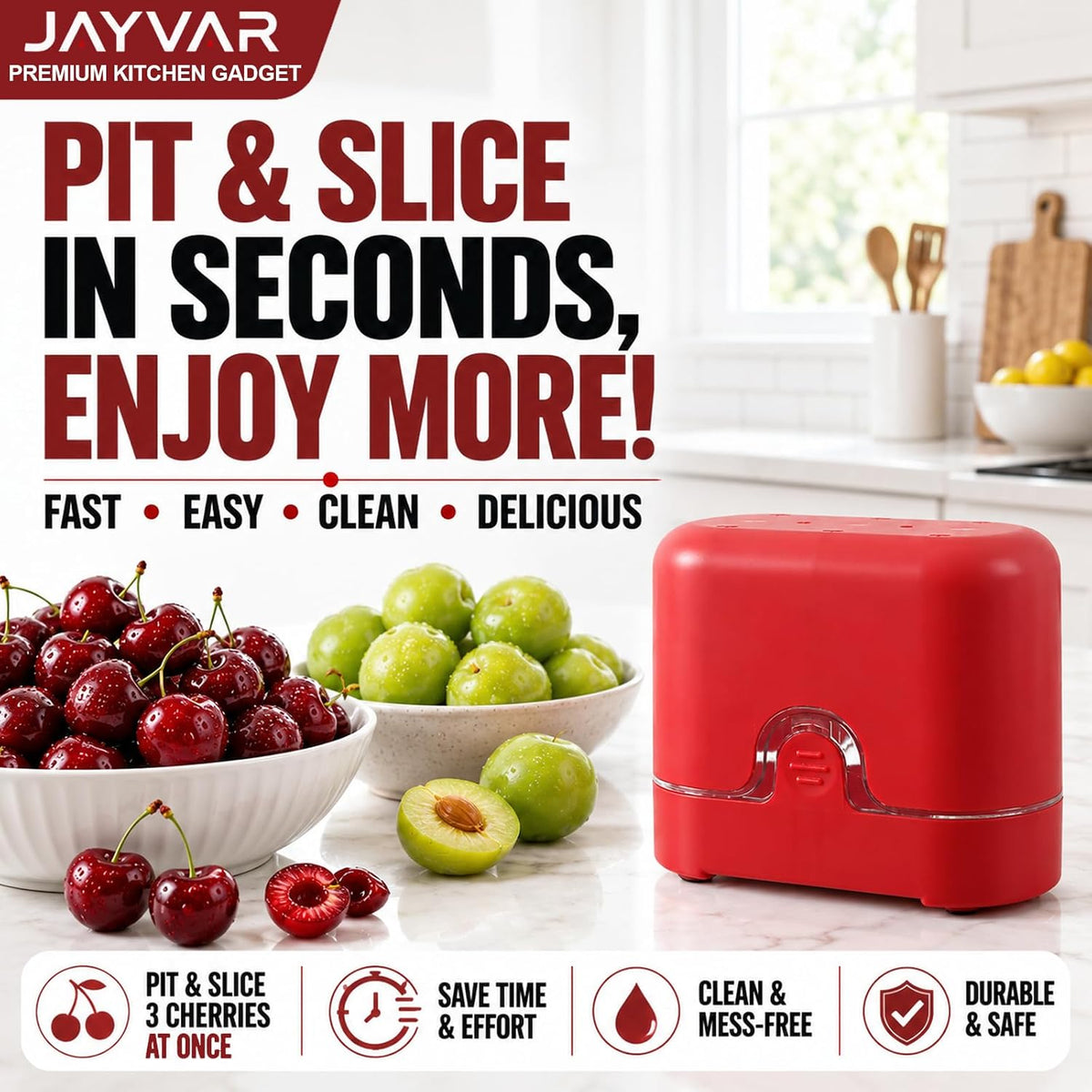 JAYVAR Cherry Pitter Tool, 2-in-1 Multi Cherry Seed Remover & Slicer