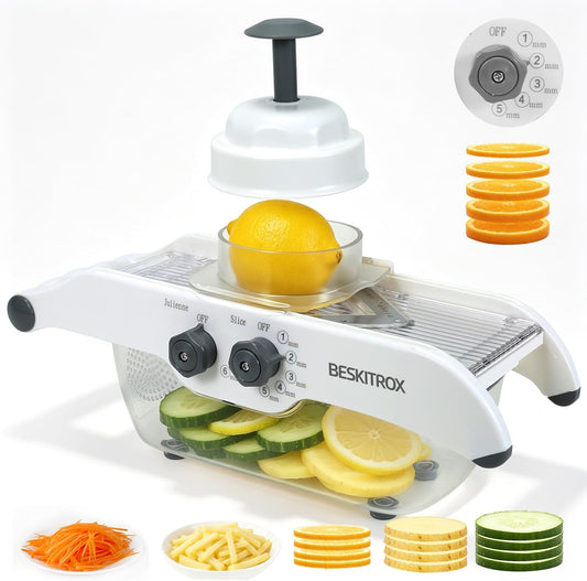 5 Thickness Adjustable Mandoline Slicer, Manual Vegetable & Fruit Slicer with Safety Hand Guard, Compact Kitchen Gadget for Lemon, Potato, Onion, Cucumber, Food Prep Tool for Home Cooking
