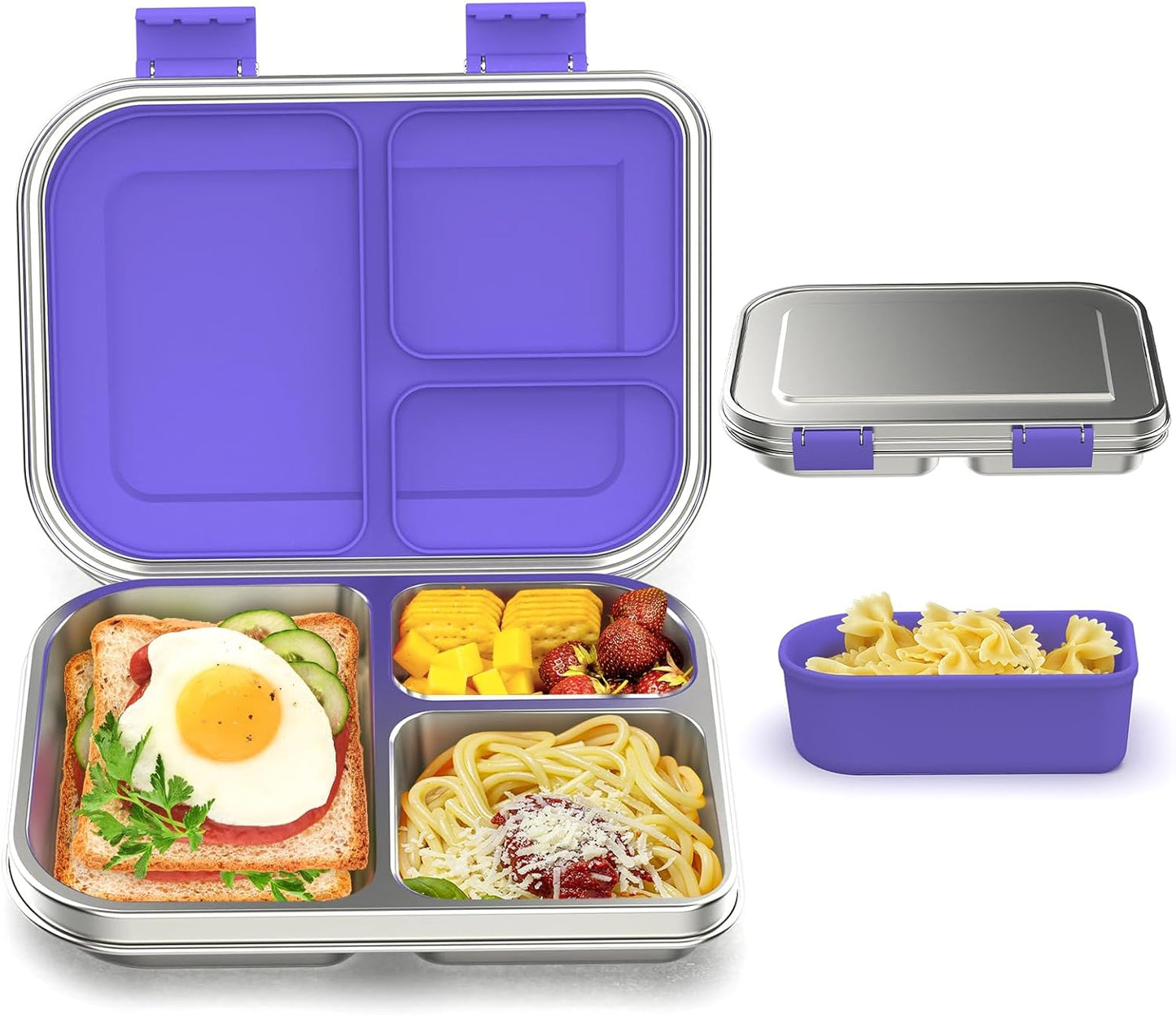 BABHAMNESS Stainless Steel Bento Box Kids, 3 Compartments Leak Proof Metal Bento Lunch Box, 304 Stainless Steel Bento Lunch Containers for School and Office,Dishwasher Safe, BPA-Free-Pink