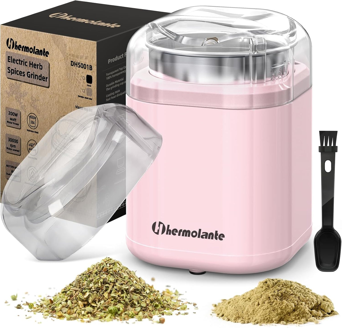 Hermolante Herb Grinder Spice Grinder, 200 w Herb Grinder with Stainless Steel Blade and Cleaning Brush, Compact Size Electric Grinder for Herbs and Spices -5.11in (Black)