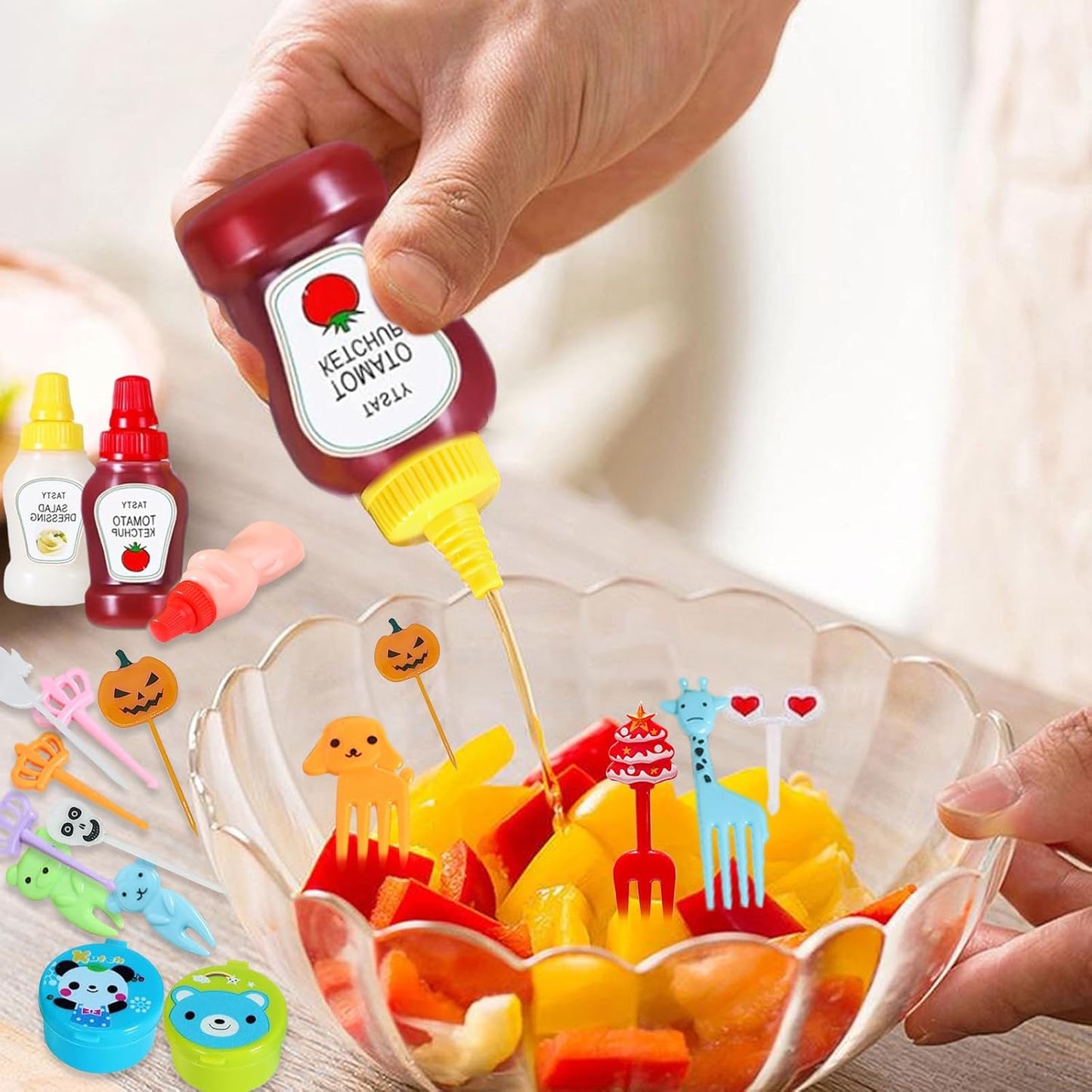 152 Pcs Bento Box Accessories Kids Mini Sauce Bottles Including Food Picks Mini Condiment Ketchup Squeeze Bottles Reusable Animal Fruit Food Toothpicks for Camping Office Accessories