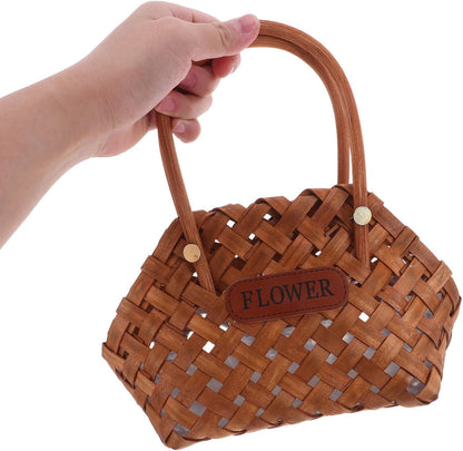 Handwoven Wooden Basket with Ergonomic Handle for Spring Picnic Essentials and Fruit Storage, Strong and Flexible Wood Chip Material, Multipurpose Rustic Basket for Family