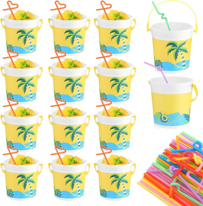 20 Pcs 32 oz Plastic Cocktail Rum Buckets with Handles for Drinks with 100 Colorful Straws Reusable Portable Drink Buckets for Beach Summer Bar Parties