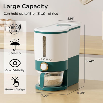 UFORU Rice Dispenser, Rice Storage Container with Measuring Cup for Kitchen Pantry Household, Dry Food Storage Containers Airtight, Sealed Moisture Proof (White 13Lbs)