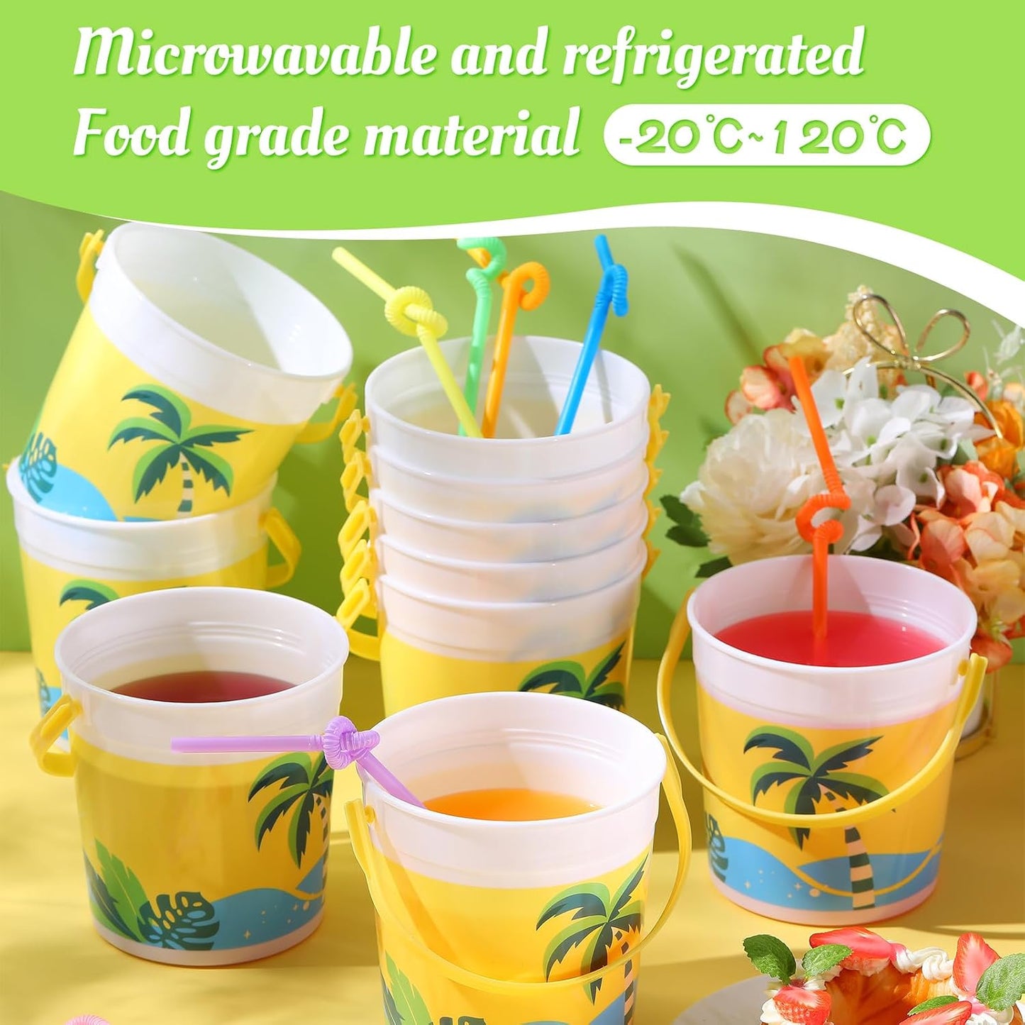 20 Pcs 32 oz Plastic Cocktail Rum Buckets with Handles for Drinks with 100 Colorful Straws Reusable Portable Drink Buckets for Beach Summer Bar Parties