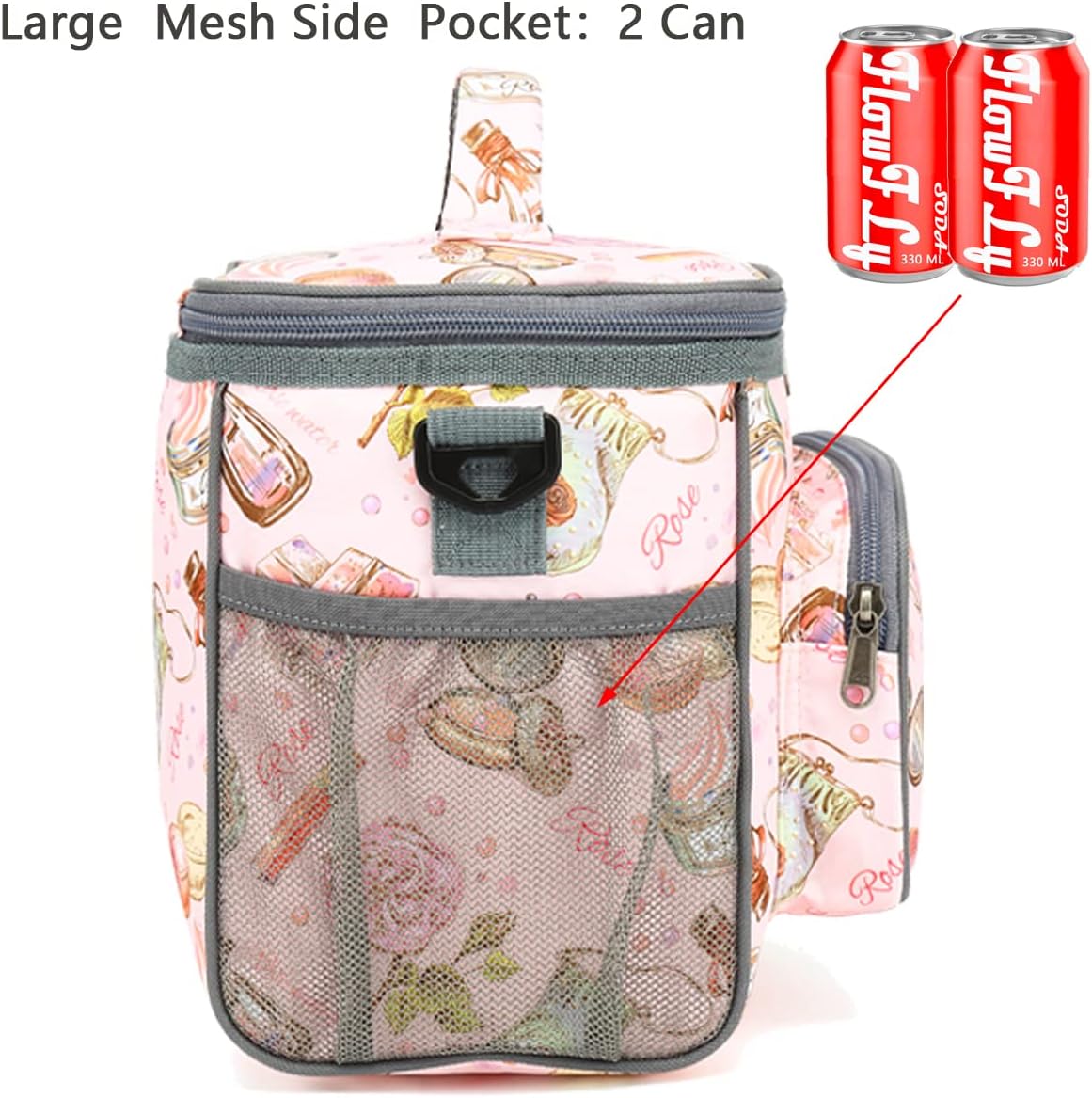 FlowFly Insulated Reusable Lunch Bag Adult Large Lunch Box for Women and Men with Adjustable Shoulder Strap,Front Zipper Pocket and Dual Large Mesh Side Pockets,Cherry - Colors B