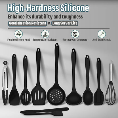 E-far Silicone Cooking Utensils Set, 7-Piece Black Heat Resistant Kitchen Utensils Set, Kitchen Nonstick Tools Spatula Ladle Spoon Pasta Server for Non-stick Cookware, Non-Toxic & Dishwasher safe