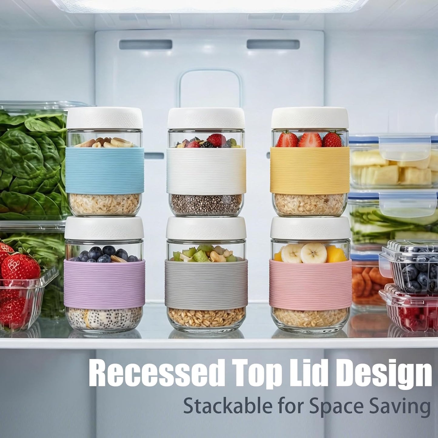 16 oz (6 Pack) Overnight Oats Containers with Airtight Lids and Silicone Sleeves, Leakproof Glass Meal Prep Containers, Wide Mouth Cookie Jars for Yogurt Chia Salad Smoothies Snacks