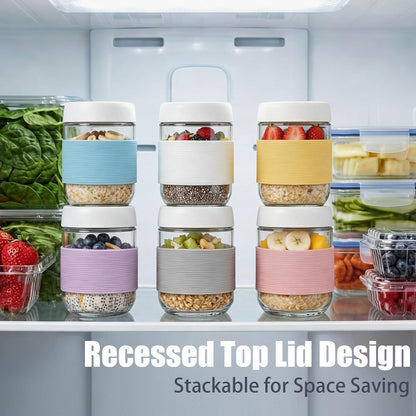 16 oz (6 Pack) Overnight Oats Containers with Airtight Lids and Silicone Sleeves, Leakproof Glass Meal Prep Containers, Wide Mouth Cookie Jars for Yogurt Chia Salad Smoothies Snacks