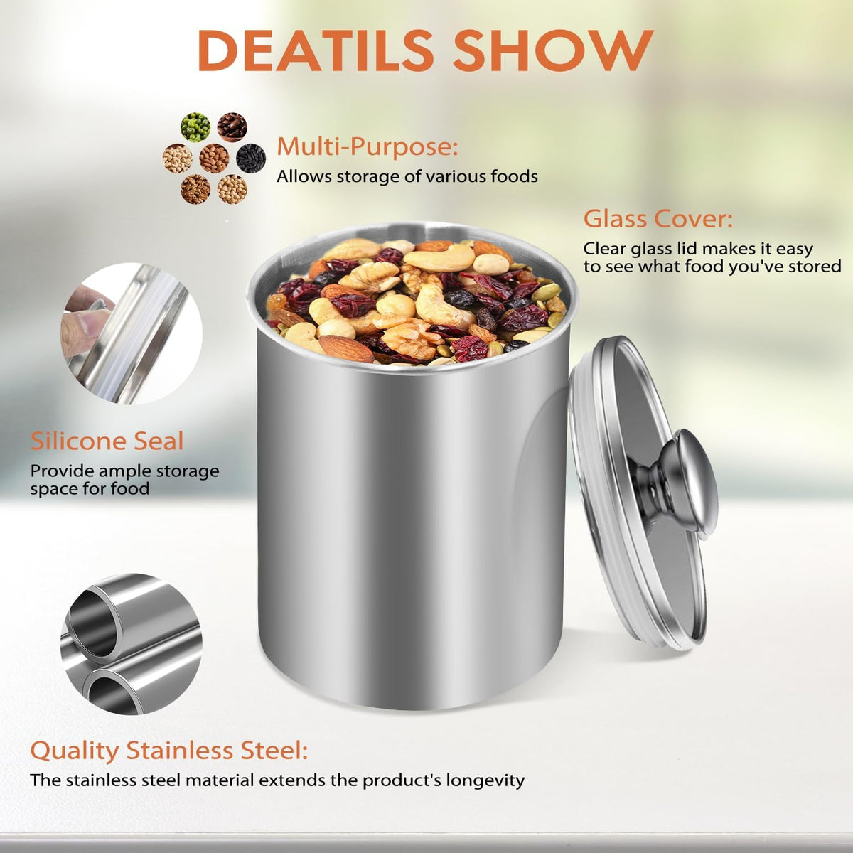 ENLOY 165oz Stainless Steel Airtight Canister for Kitchen, Large Flour Coffee Bean Tea Cereal Sugar Cookie Metal Food Storage Canisters with Clear Lid and Sturdy Locking Clamp (7.7 * 7.7 * 8.4in)