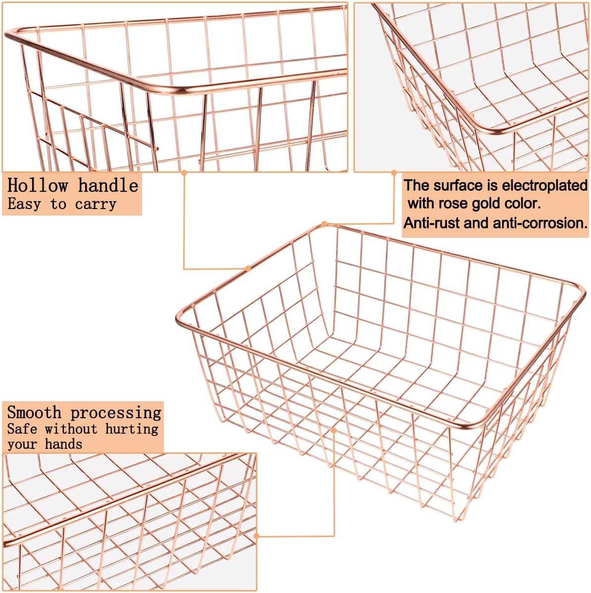 3 Pack Large Wire Baskets for Organizing 14.2'' Metal Wire Baskets with Built-in Handles, Wire Storage Basket Black Metal Freezer Organizer Wire Basket for Pantry, Cabinets, Bathroom