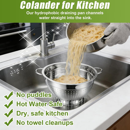 Palksky Stainless Steel Colander Set with Self-Draining Base, 3 Sizes Colanders & Food Strainers for Pasta, Rice, Fruits & Veggies, Metal Colander with Draining Plate for Sink or Countertop