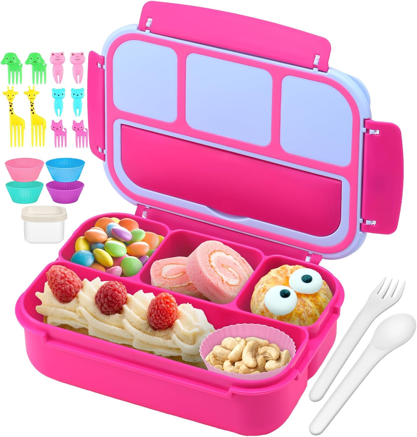 QQKO Bento Lunch Box for Kids Girls Boys, Toddler Kids Lunch Boxes for School, Lunch Containers for Adults with 4 Compartments, Sauce Container, Utensils, Food Picks and Muffin Cups, Purple