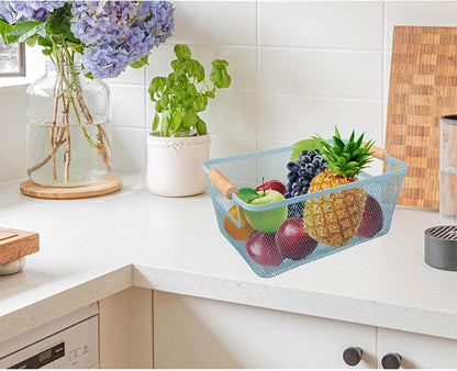 AJIODA Metal Mesh Steel Basket, Large Wire Storage Organizer Basket Multi-function Hanging Kitchen Baskets with Wood Handle for Kitchen Bathroom Picnic Home, Rectangle-Off White
