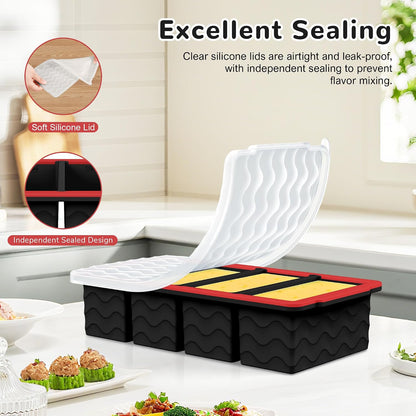 Silicone Freezer Trays with Lid (4-Pack), 1-Cup, 2-Cup, 1/2-Cup & 2-Tbsp Silicone Freezer Molds, Stackable Soup Freezer Meal Prep Containers,Ice Cube Tray for Making Sauce,Smoothies,Yogurt Bites