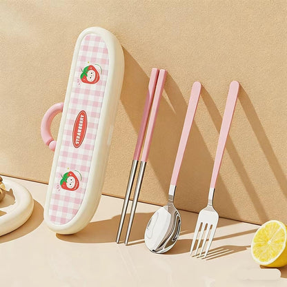 Cute Strawberry Bear 304 Stainless Steel Utensil Set with Travel Case – Portable Reusable Chopsticks, Spoon & Fork in Plaid Storage Box, for School Lunch, Camping, Travel(Pink)