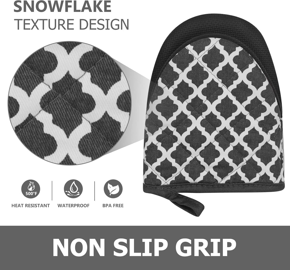 1 Pair Short Oven Mitts - Silicone Kitchen Oven Gloves High Heat Resistant 500℉, Mini Oven Mits with Non-Slip Grip Surfaces and Hanging Loop for BBQ, Baking, Cooking and Grilling (Black)