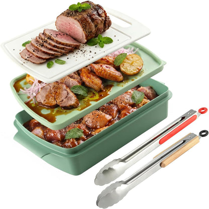 Sunmei Grill Prep and Serving Trays, 3-in-1 Stackable BBQ Food Tray, 5PCS BBQ Serving Set with Marinating Container, Serving Platter, Cutting Board and 2PCS Colored 12-Inch Grill Tongs (Green)