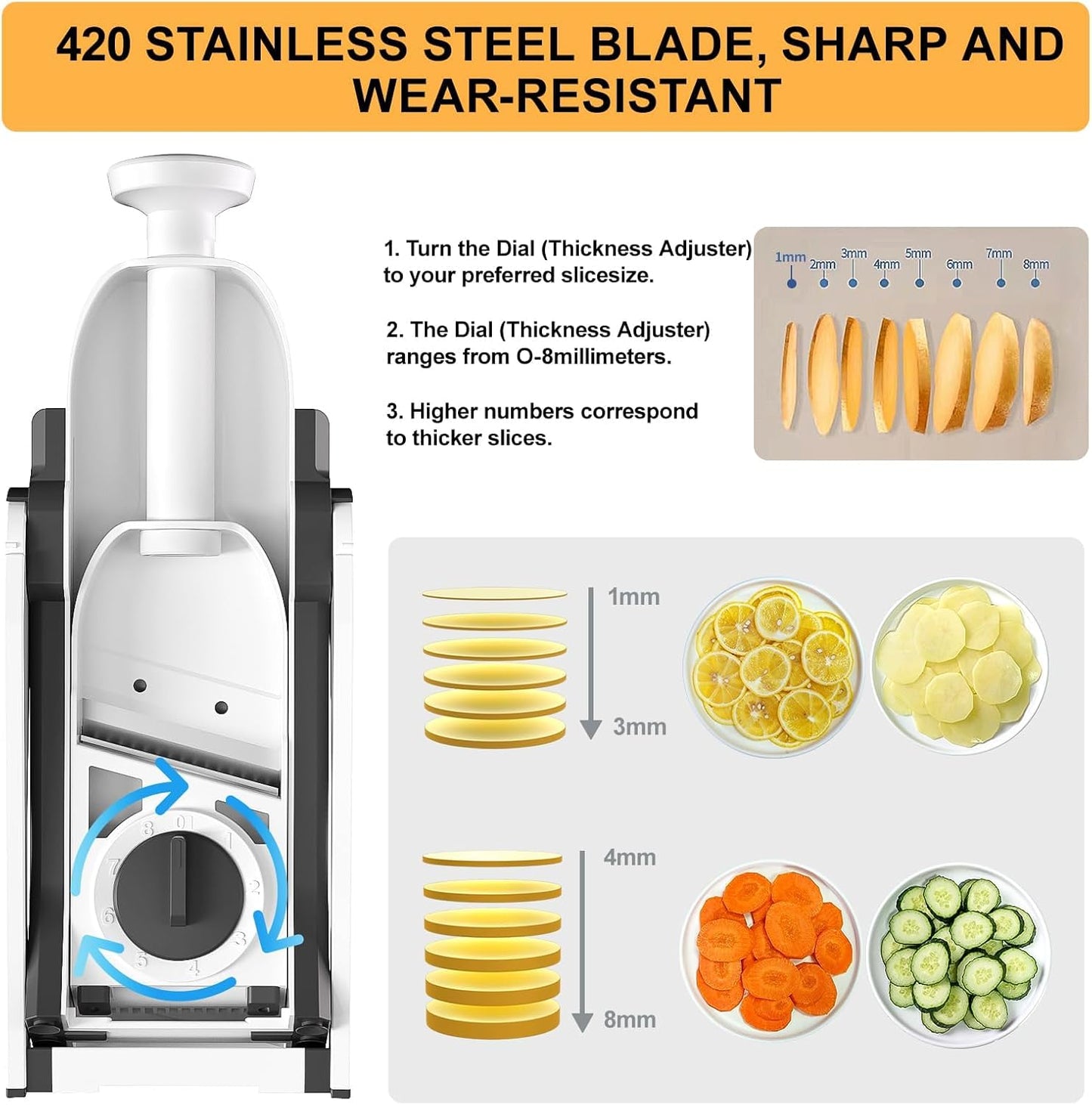 Safe Mandoline Slicer for Kitchen, Meal Prep,Potato Slicer, Adjustable/Easy to Clean/Storage, Kitchen Chopping Artifact,French Fry Cutter,Paring Knife/Cleaning Brush (only Slice, Black Knight)
