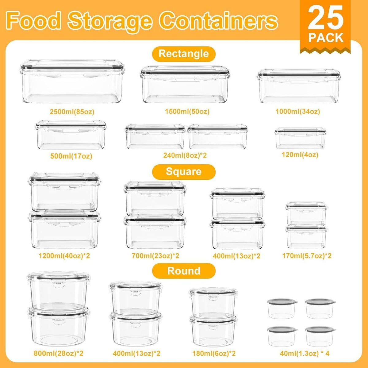 AISOON 40 Pcs 85oz Large Food Storage Containers with Lids (20 containers & 20 lids), Stackable Airtight Leakproof BPA-Free Reusable Meal Prep Containers, Freezer Microwave Dishwasher Safe