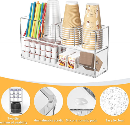 Coffee Condiment and Cup Organizer - 2-Tier Upright Cup and Lid Holder with Straw Organizer 2 Compartments Clear Acrylic Cup Dispenser for Restaurant Breakroom Coffee Station Countertop
