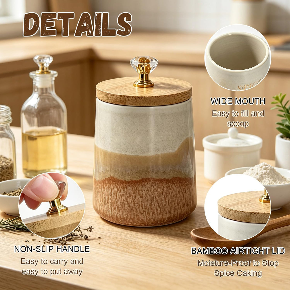Ceramic Salt Cellar Bamboo Lid Spoon 3.5" Wide 12oz
