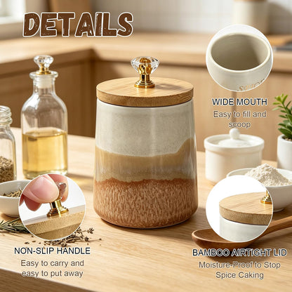 Ceramic Salt Cellar Bamboo Lid Spoon 3.5" Wide 12oz