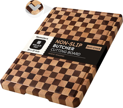 3 Packs Cutting Boards for Kitchen Checkered Cutting Board Acacia Wood Charcuterie Board Serving Heavy Duty Non Toxic Slip Butcher Block Wood Chopping Board with Juice Grooves Handles