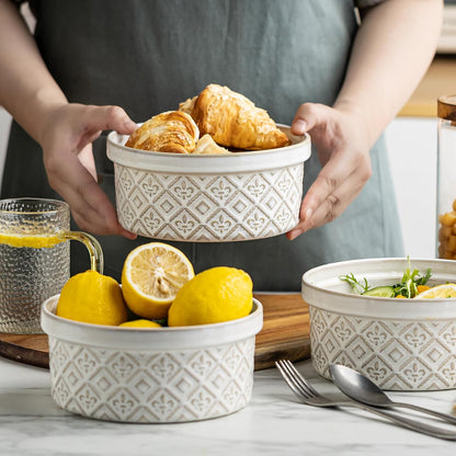 Airtight Food Storage Containers with Lids Mixing Bowls Set, Ceramic Serving Bowls with Lids Set of 4, 12/16/28/40 oz Stackable Nesting Salad Bowls for Cooking, Baking, Ramen - Beige