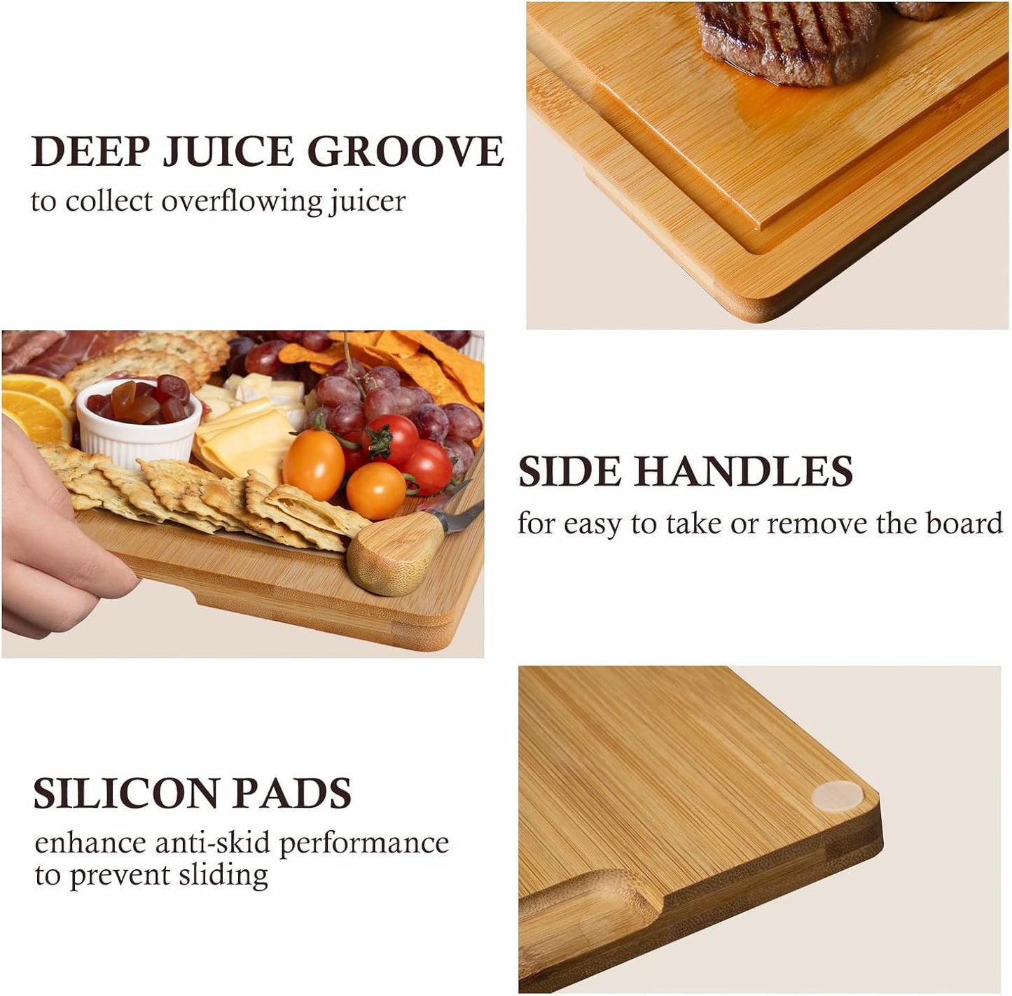 Empune Bamboo Cutting Boards for Kitchen, 3 Piece Extra Thick Cutting Board Set with Juice Groove, Deep Carbonized Bamboo Chopping Board, Reversible Wood Cutting Board for charcuterie boards, Brown
