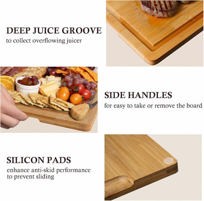 Empune Bamboo Cutting Boards for Kitchen, 3 Piece Extra Thick Cutting Board Set with Juice Groove, Deep Carbonized Bamboo Chopping Board, Reversible Wood Cutting Board for charcuterie boards, Brown