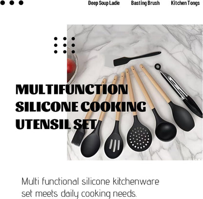 Silicone Cooking Utensils Set For Kitchen, Spoons Spatula Spatulas Accessories, Baking Heat Resistant Cookware De Home, Rubber New Apartment Decor, Plastic Nonstick Turner Tool (black)