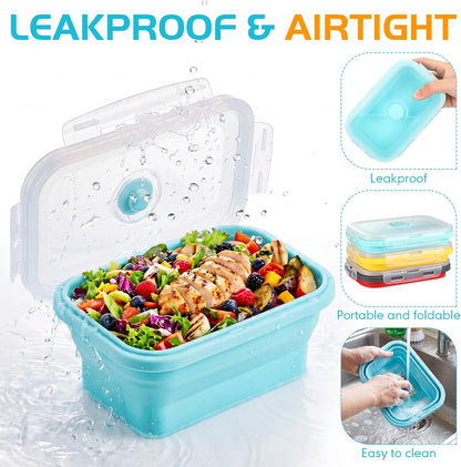 Mifoci Set of 8 Silicone Collapsible Bowls for Camping with Vent Lid Silicone Storage Containers for Food Meal Preparation Square Bowl Microwave Freezer Dishwasher Safe(Blue,17 Oz/ 500 ml)