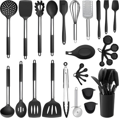 E-far Silicone Cooking Utensils Set, 7 Pcs Heat Resistant Kitchen Utensils with Stainless Steel Handle, Slotted Turner, Spoon, Soup Ladle, Pasta Server, Skimmer, Tongs for Nonstick Cookware, Black