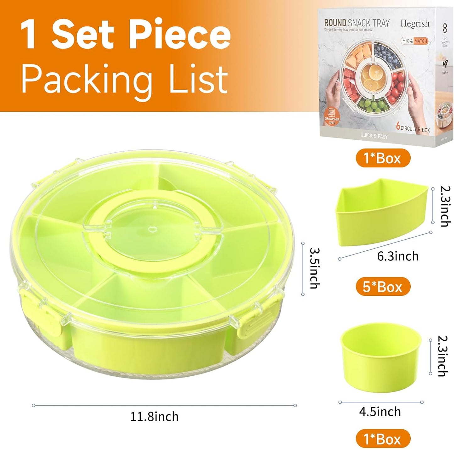 Dishwasher Safety -Divided Rotating Serving Tray with Lid and Handle,Portable Snackle Box for Fruits Snacks Charcuterie,Clear Organizer and Fridge Storage Container,Veggie Platters for Adults Child
