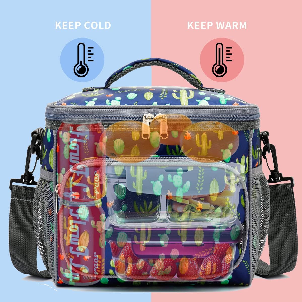FlowFly Insulated Reusable Lunch Bag Adult Large Lunch Box for Women and Men with Adjustable Shoulder Strap,Front Zipper Pocket and Dual Large Mesh Side Pockets,Cherry - Colors B